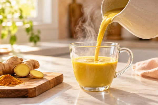 Kurkuma-Latte mit Mandeldrink: Alternative Anrichtung oder aktive Servierszene.