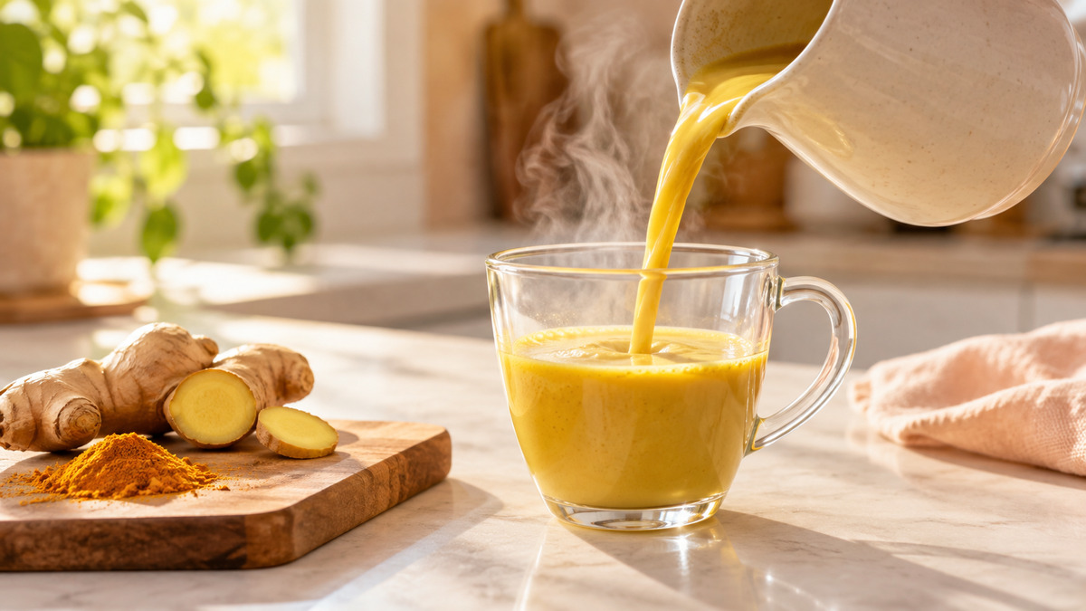 Kurkuma-Latte mit Mandeldrink: Alternative Anrichtung oder aktive Servierszene.