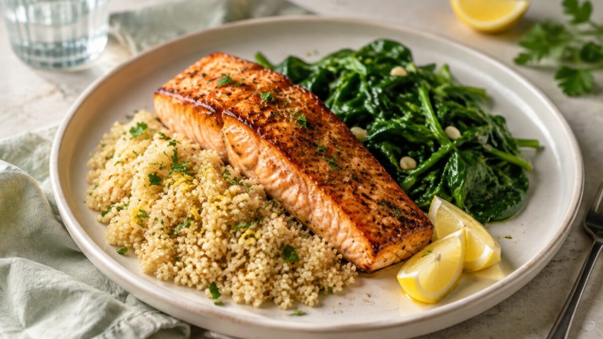Hauptansicht des fertigen Gerichts: Lachsfilet, Quinoa und Blattspinat als komponierter Teller; die Komponenten dürfen sich leicht berühren, müssen aber einzeln deutlich erkennbar bleiben. Keine Bowl und keine homogene One-Pot-Mischung. Das gesamte Geric…