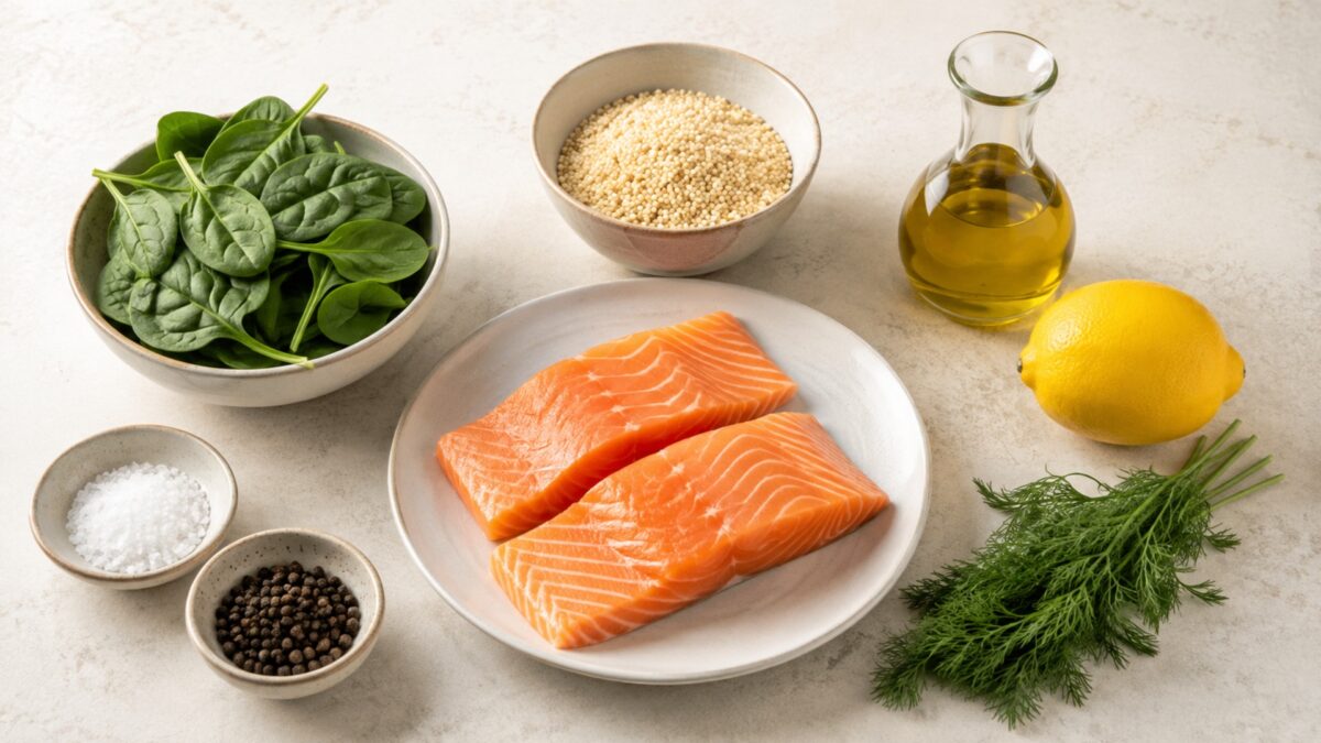 Übersicht aller Zutaten für „Lachs auf Zitronenquinoa mit Blattspinat“ auf heller Arbeitsfläche, sauber gruppiert, ohne Verpackungsschrift und ohne fertiges Gericht.
