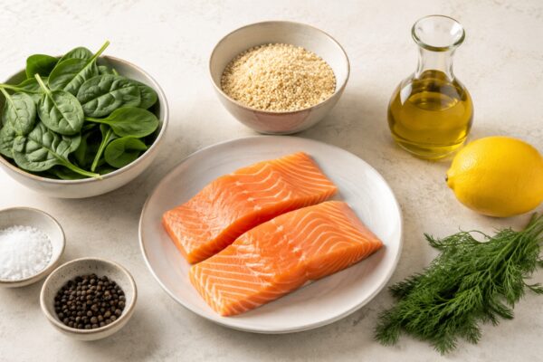 Übersicht aller Zutaten für „Lachs auf Zitronenquinoa mit Blattspinat“ auf heller Arbeitsfläche, sauber gruppiert, ohne Verpackungsschrift und ohne fertiges Gericht.