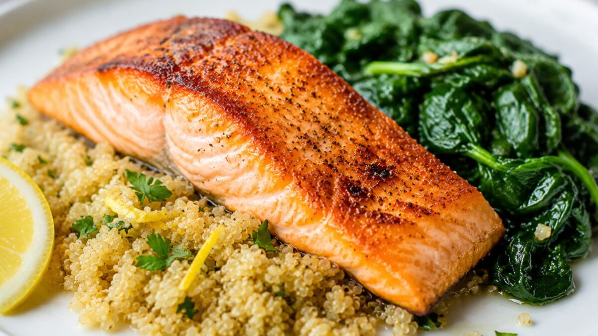 Alternative Perspektive des fertigen Gerichts: Lachsfilet, Quinoa und Blattspinat als komponierter Teller; die Komponenten dürfen sich leicht berühren, müssen aber einzeln deutlich erkennbar bleiben. Keine Bowl und keine homogene One-Pot-Mischung. Etwas…