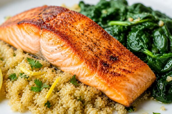 Alternative Perspektive des fertigen Gerichts: Lachsfilet, Quinoa und Blattspinat als komponierter Teller; die Komponenten dürfen sich leicht berühren, müssen aber einzeln deutlich erkennbar bleiben. Keine Bowl und keine homogene One-Pot-Mischung. Etwas…