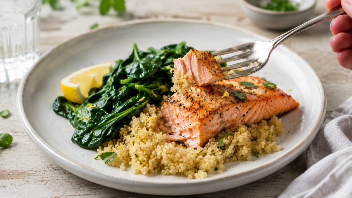 Lebendige Servierszene für „Lachs auf Zitronenquinoa mit Blattspinat“: eine Gabel oder ein Besteckteil nimmt gerade eine Portion auf; Lachsfilet, Quinoa und Blattspinat bleiben trotzdem klar erkennbar.