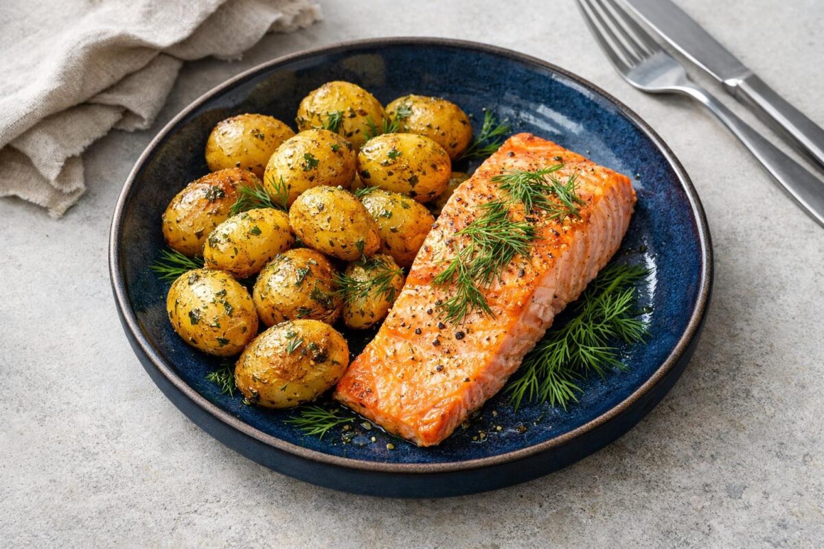 Hauptansicht des fertigen Gerichts. Rezept: Lachs aus dem Ofen mit Kräuterkartoffeln