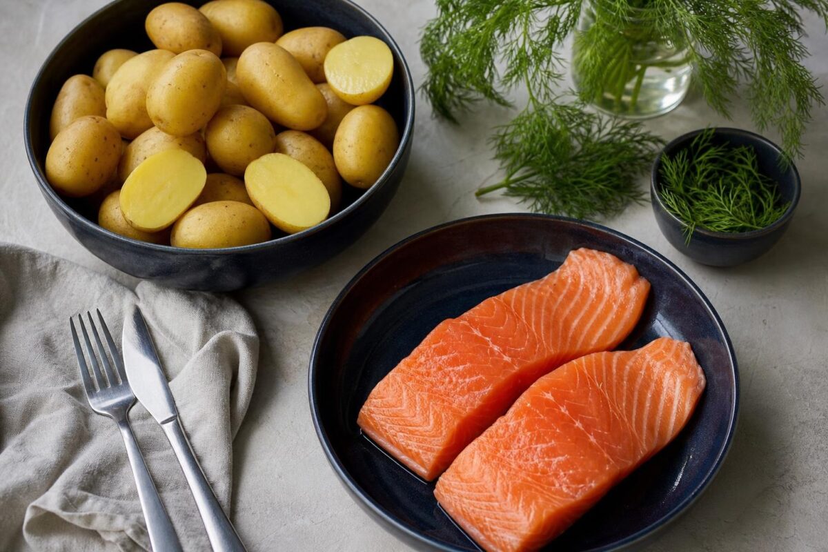 Zutaten- und Vorbereitungsansicht. Rezept: Lachs aus dem Ofen mit Kräuterkartoffeln