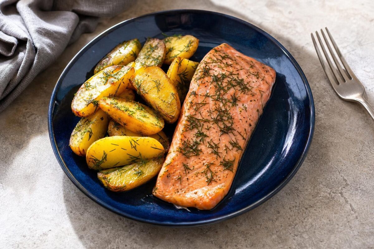 Fertiges Gericht aus einer alternativen Perspektive. Rezept: Lachs aus dem Ofen mit Kräuterkartoffeln