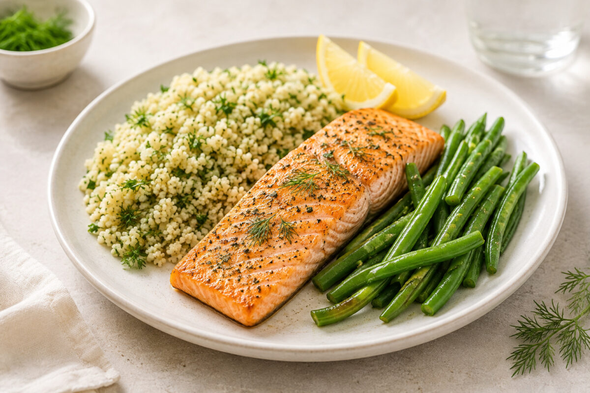 Fertiges Gericht: gebratenes Lachsfilet mit Kräuter-Couscous, grünen Bohnen und Zitronenspalten auf hellem Teller.