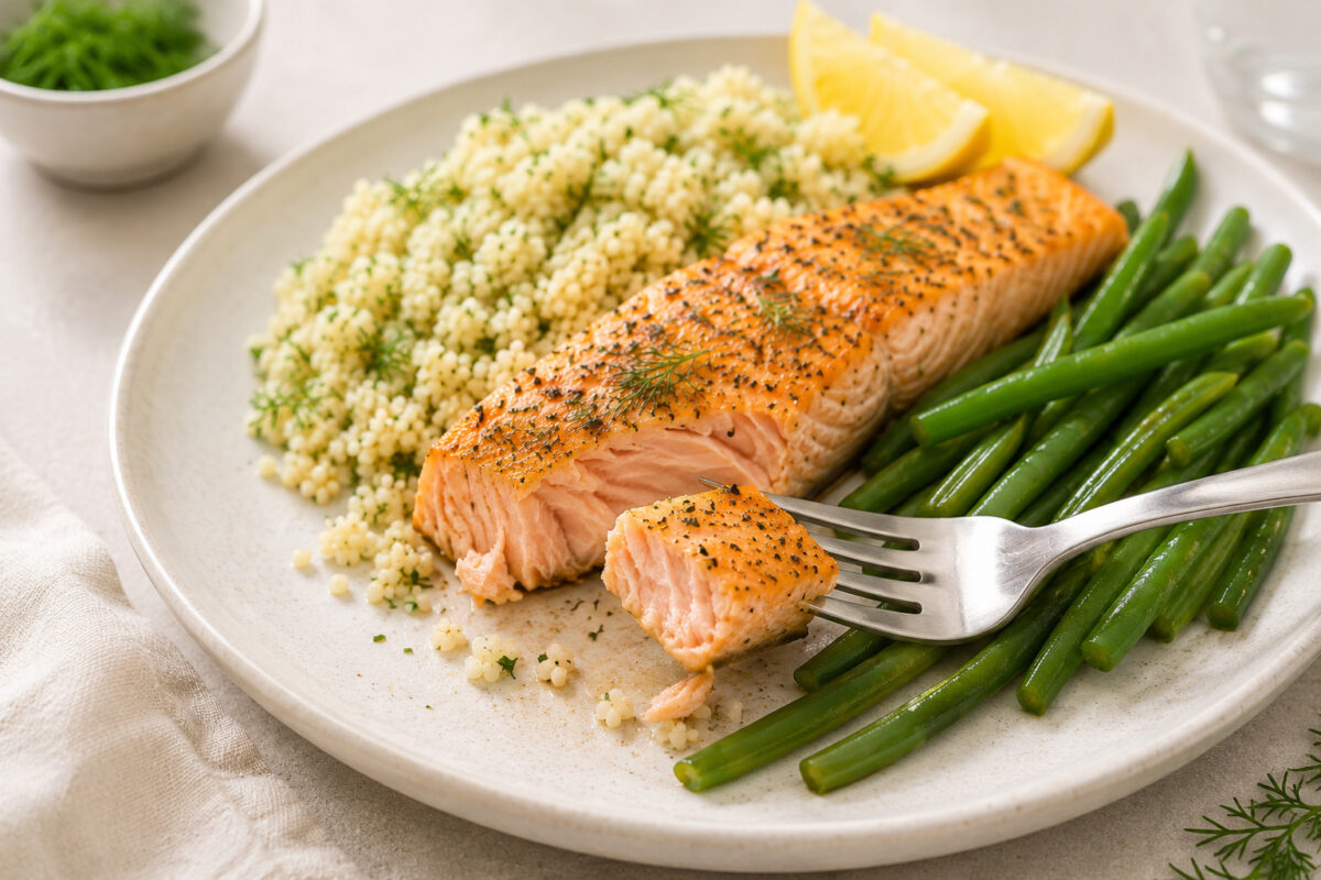 Servierdetail des fertigen Gerichts mit angeschnittenem Lachs und Gabel, dazu Kräuter-Couscous, grüne Bohnen und Zitrone.
