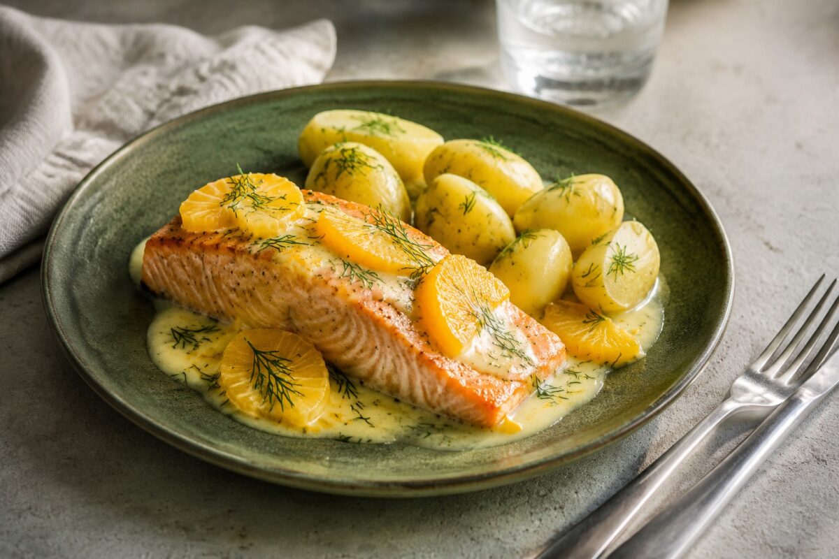 Hauptansicht des fertigen Gerichts. Rezept: Lachs mit Orangen-Dill-Sauce und Kartoffeln