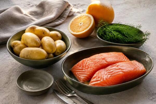 Zutaten- und Vorbereitungsansicht. Rezept: Lachs mit Orangen-Dill-Sauce und Kartoffeln