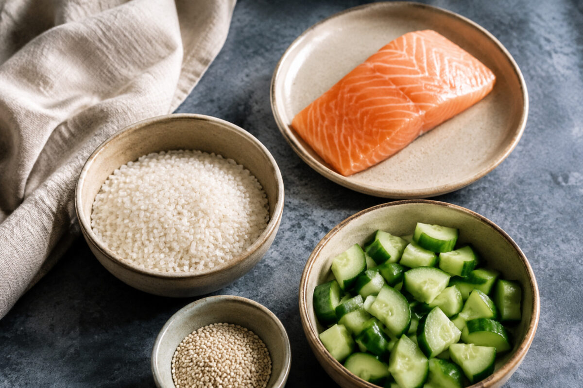 Zutaten- und Vorbereitungsansicht. Rezept: Lachs-Reis-Bowl mit Gurke und Sesam