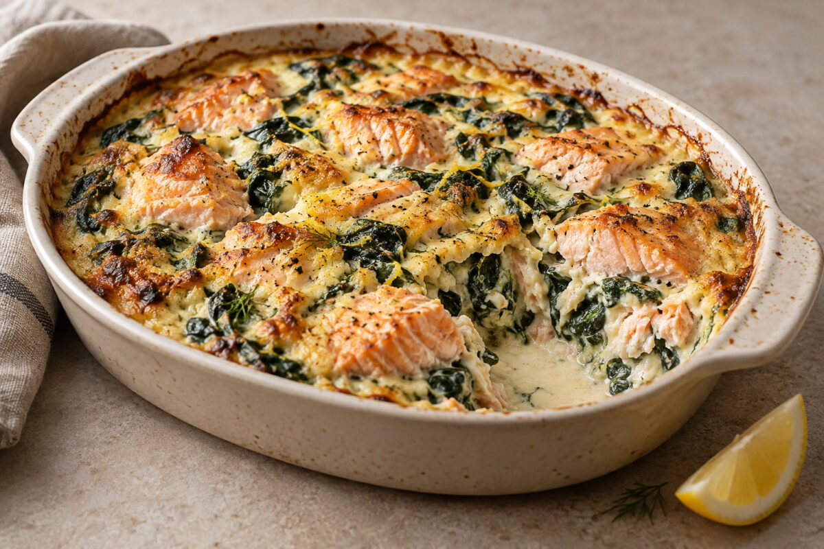 Lachs-Spinat-Auflauf mit Zitronensahne
