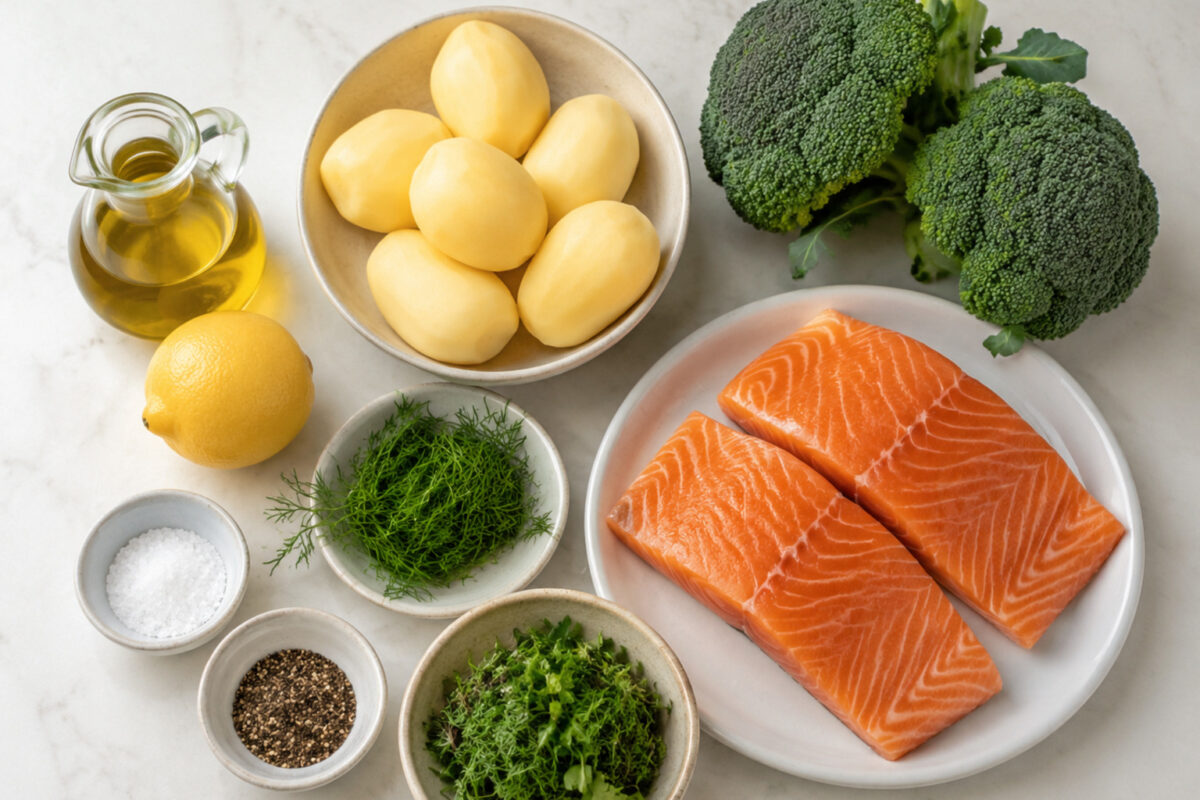 Übersicht aller Zutaten für „Lachsfilet mit Kartoffeln und Brokkoli“ auf heller Arbeitsfläche, sauber gruppiert, ohne Verpackungsschrift und ohne fertiges Gericht.