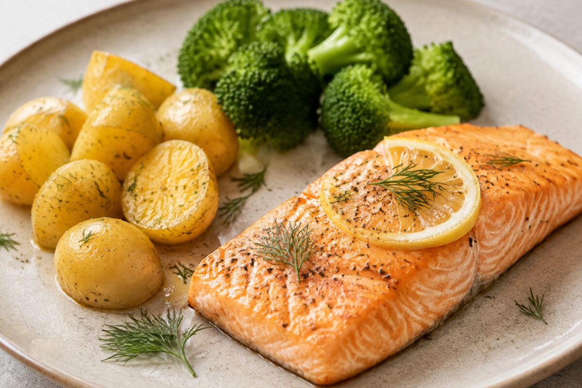 Alternative Perspektive des fertigen Gerichts: Lachsfilet als klarer Hauptbestandteil; Kartoffeln und Brokkoli getrennt und mit sichtbaren Zwischenräumen daneben angerichtet. Kein Eintopf, keine Bowl, keine vermischte One-Pot-Darstellung. Etwas näher auf…