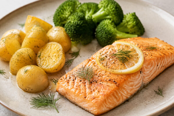 Alternative Perspektive des fertigen Gerichts: Lachsfilet als klarer Hauptbestandteil; Kartoffeln und Brokkoli getrennt und mit sichtbaren Zwischenräumen daneben angerichtet. Kein Eintopf, keine Bowl, keine vermischte One-Pot-Darstellung. Etwas näher auf…
