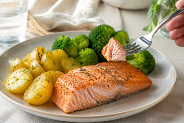 Lebendige Servierszene für „Lachsfilet mit Kartoffeln und Brokkoli“: eine Gabel oder ein Besteckteil nimmt gerade eine Portion auf; Lachsfilet, Kartoffeln und Brokkoli bleiben trotzdem klar erkennbar.