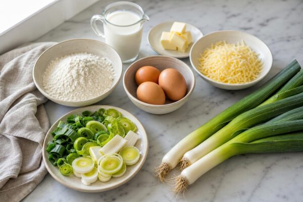 Zutaten- und Vorbereitungsansicht. Rezept: Laktosefreie Lauch-Quiche