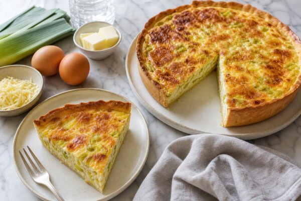 Servierszene mit dem fertigen Gericht. Rezept: Laktosefreie Lauch-Quiche