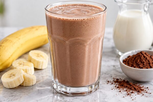 Laktosefreier Bananen-Kakao-Shake: Fertiges Getränk als zentrales Hauptmotiv.