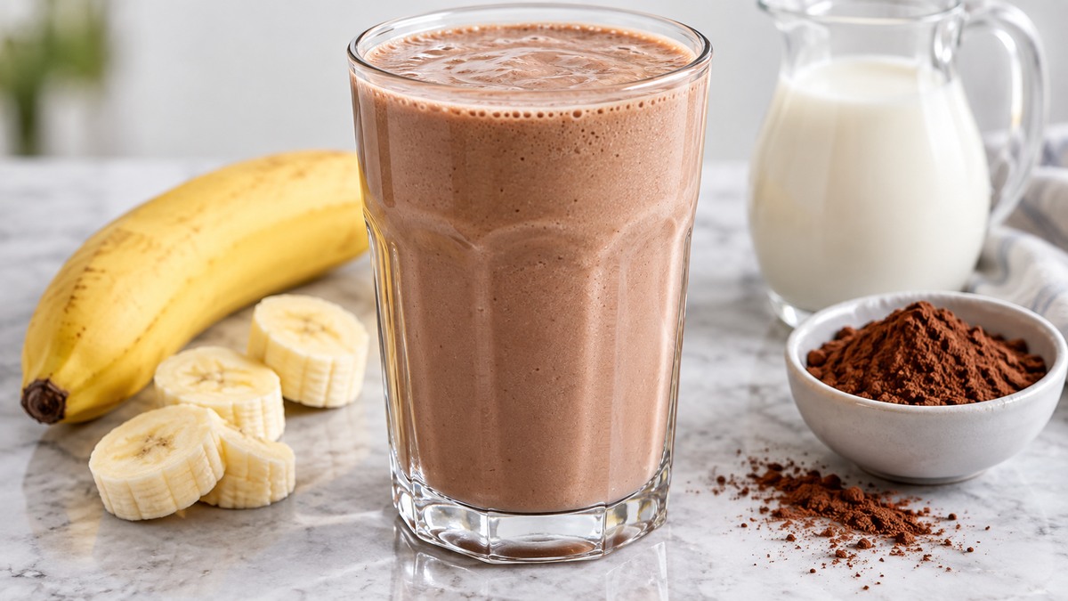 Laktosefreier Bananen-Kakao-Shake: Fertiges Getränk als zentrales Hauptmotiv.