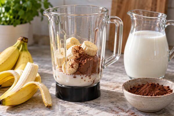 Laktosefreier Bananen-Kakao-Shake: Verwendete Zutaten und nachvollziehbare Vorbereitung.