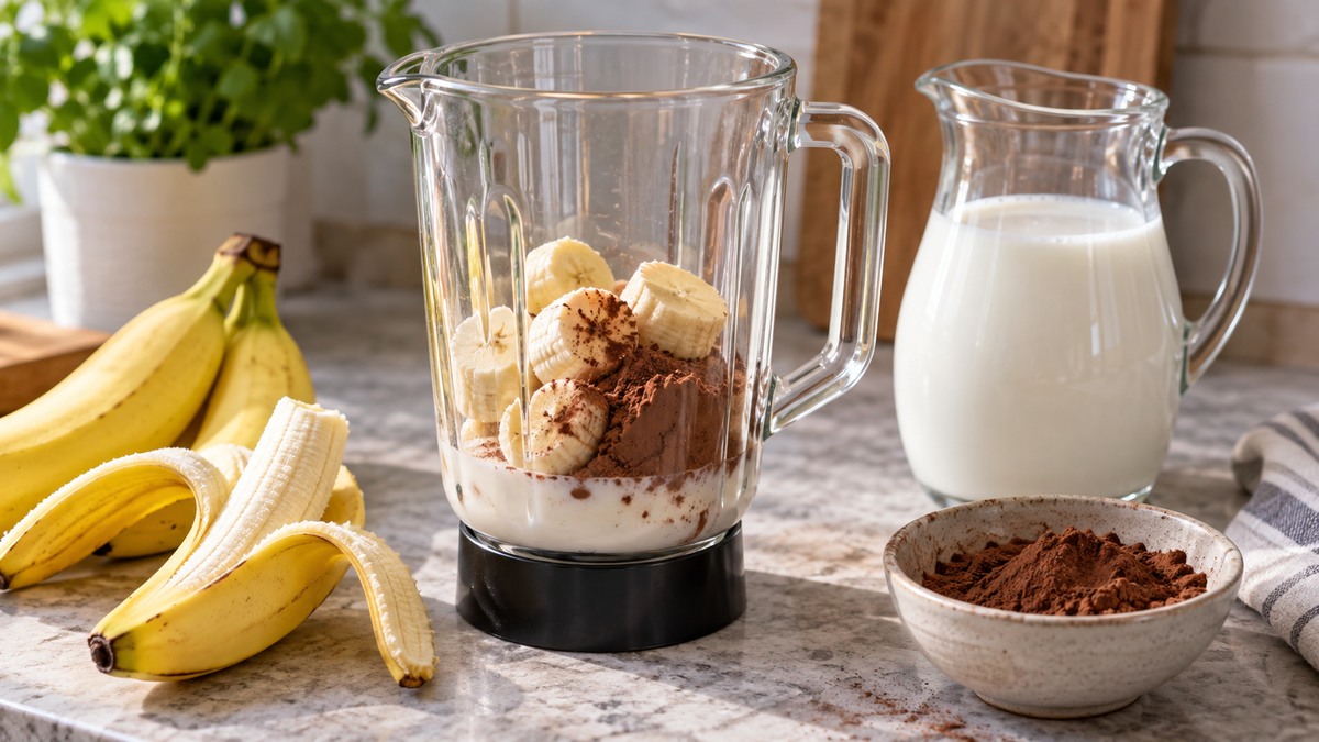 Laktosefreier Bananen-Kakao-Shake: Verwendete Zutaten und nachvollziehbare Vorbereitung.