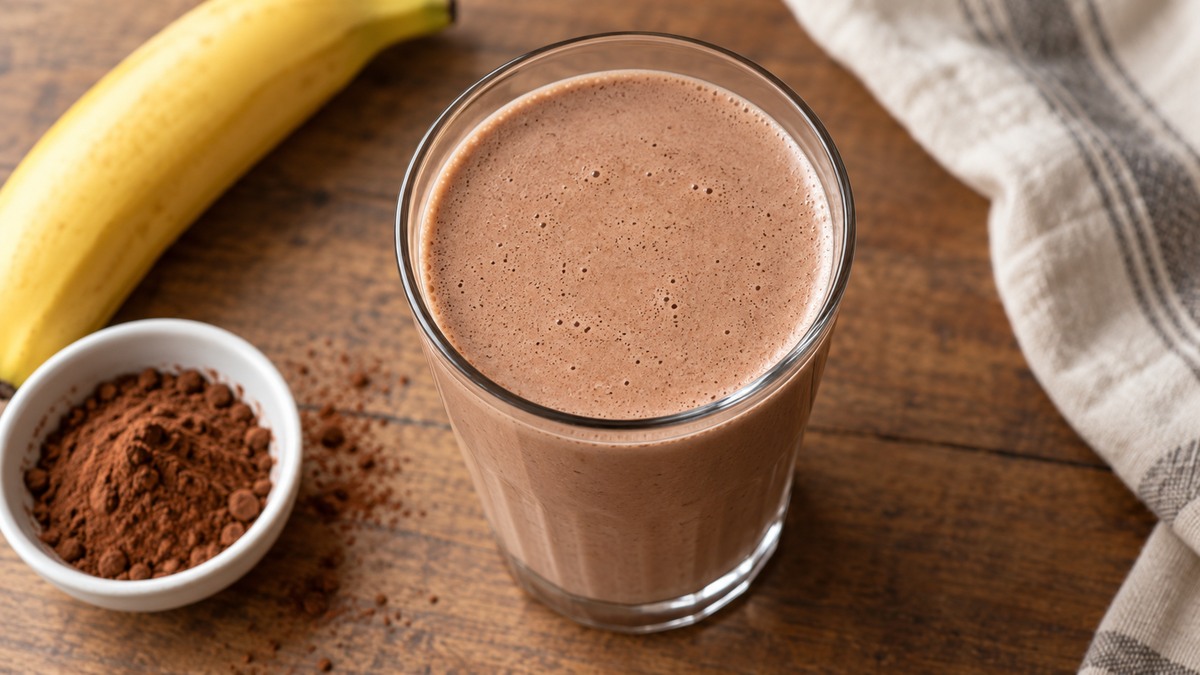 Laktosefreier Bananen-Kakao-Shake: Fertiges Getränk aus einer alternativen Perspektive.