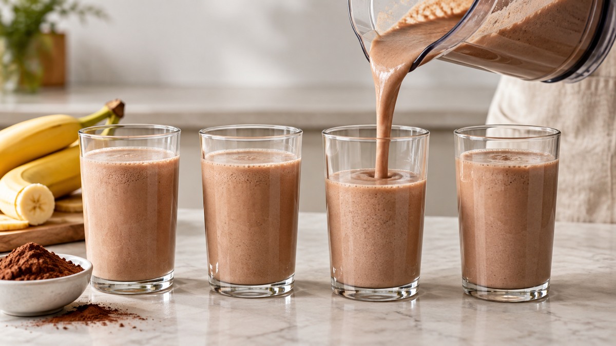 Laktosefreier Bananen-Kakao-Shake: Alternative Anrichtung oder aktive Servierszene.