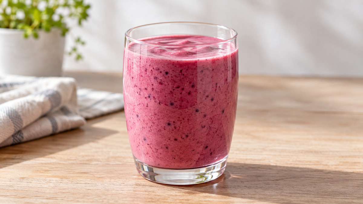 Laktosefreier Beeren-Joghurt-Drink: Fertiges Getränk als zentrales Hauptmotiv.