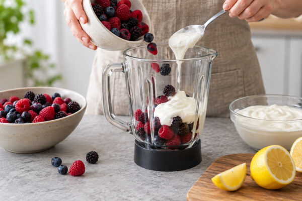 Laktosefreier Beeren-Joghurt-Drink: Verwendete Zutaten und nachvollziehbare Vorbereitung.