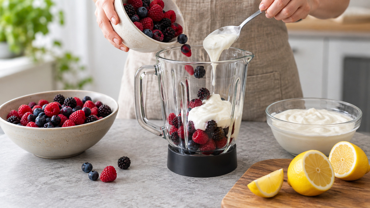 Laktosefreier Beeren-Joghurt-Drink: Verwendete Zutaten und nachvollziehbare Vorbereitung.