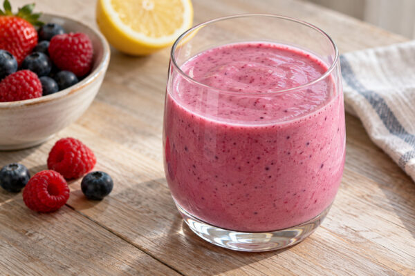 Laktosefreier Beeren-Joghurt-Drink: Fertiges Getränk aus einer alternativen Perspektive.