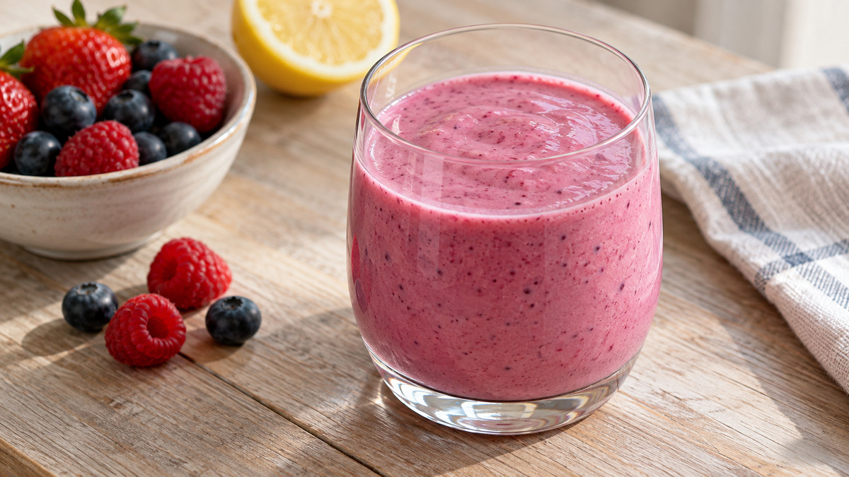 Laktosefreier Beeren-Joghurt-Drink: Fertiges Getränk aus einer alternativen Perspektive.