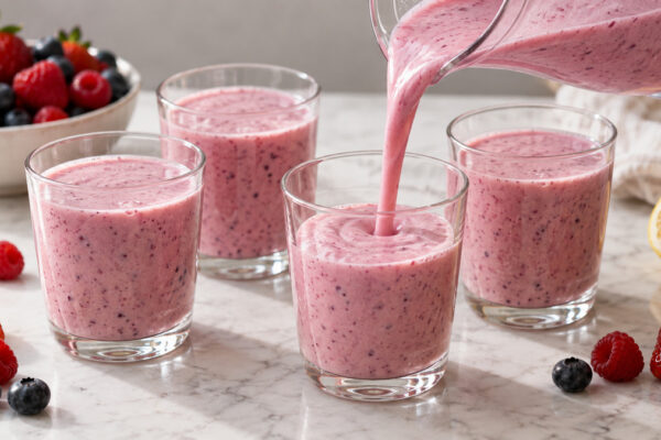Laktosefreier Beeren-Joghurt-Drink: Alternative Anrichtung oder aktive Servierszene.