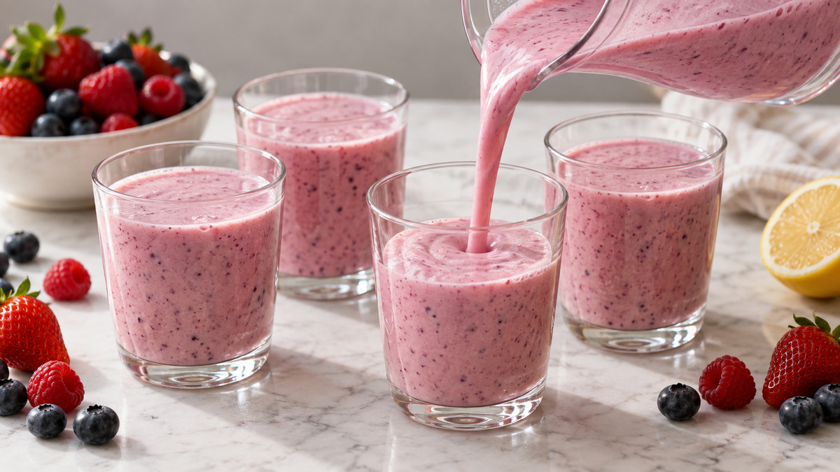 Laktosefreier Beeren-Joghurt-Drink: Alternative Anrichtung oder aktive Servierszene.