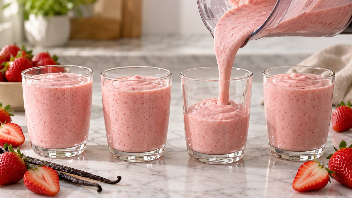 Laktosefreier Erdbeer-Lassi: Alternative Anrichtung oder aktive Servierszene.
