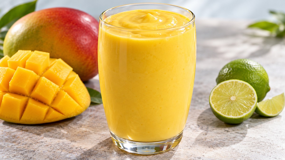 Laktosefreier Mango-Lassi: Fertiges Getränk als zentrales Hauptmotiv.