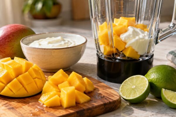 Laktosefreier Mango-Lassi: Verwendete Zutaten und nachvollziehbare Vorbereitung.