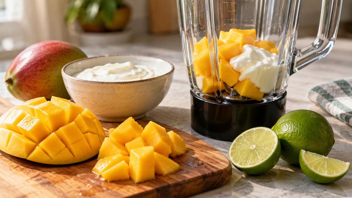Laktosefreier Mango-Lassi: Verwendete Zutaten und nachvollziehbare Vorbereitung.