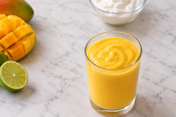 Laktosefreier Mango-Lassi: Fertiges Getränk aus einer alternativen Perspektive.