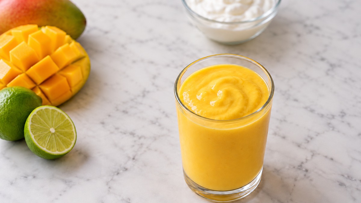 Laktosefreier Mango-Lassi: Fertiges Getränk aus einer alternativen Perspektive.