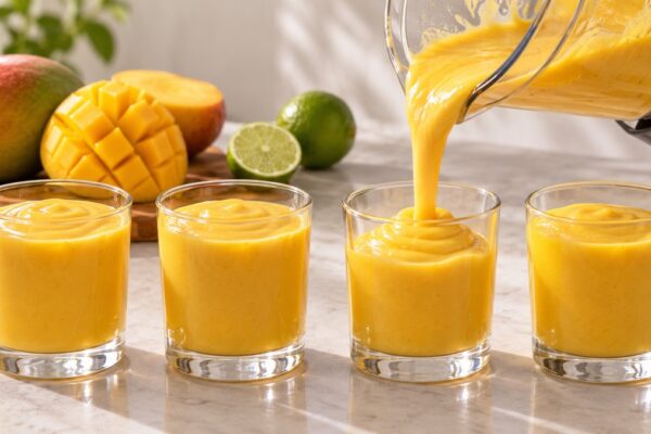 Laktosefreier Mango-Lassi: Alternative Anrichtung oder aktive Servierszene.