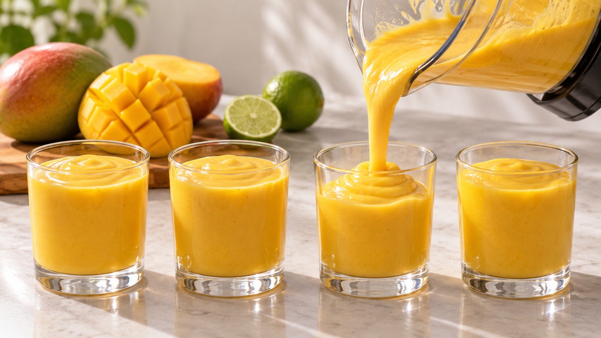 Laktosefreier Mango-Lassi: Alternative Anrichtung oder aktive Servierszene.