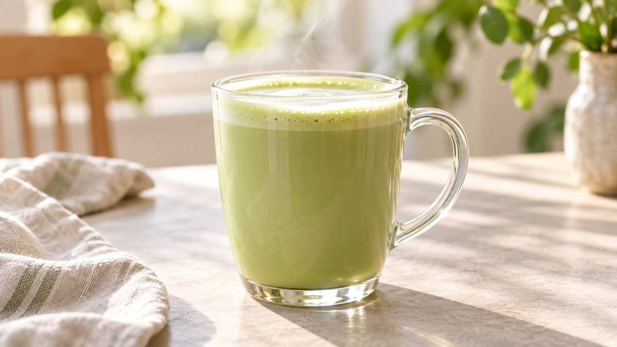 Laktosefreier Matcha-Latte: Fertiges Getränk als zentrales Hauptmotiv.