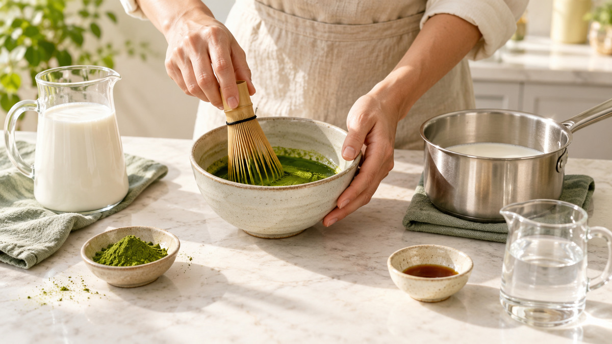 Laktosefreier Matcha-Latte: Verwendete Zutaten und nachvollziehbare Vorbereitung.