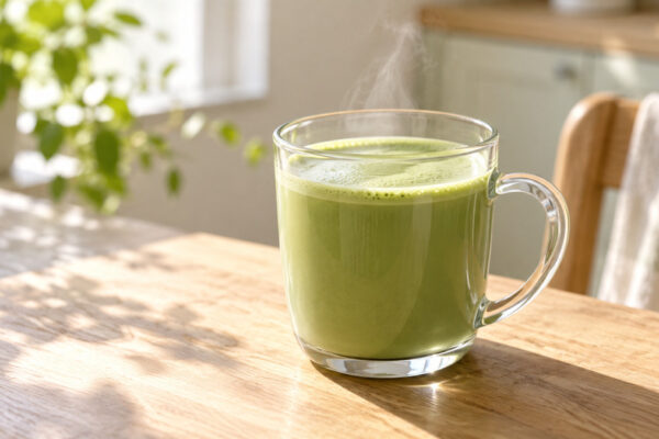 Laktosefreier Matcha-Latte: Fertiges Getränk aus einer alternativen Perspektive.