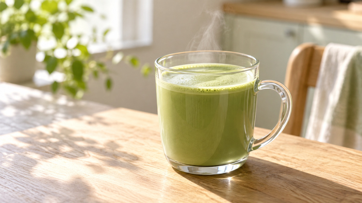 Laktosefreier Matcha-Latte: Fertiges Getränk aus einer alternativen Perspektive.