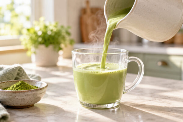 Laktosefreier Matcha-Latte: Alternative Anrichtung oder aktive Servierszene.