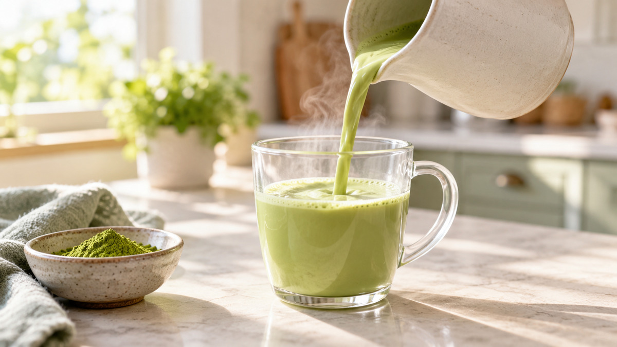 Laktosefreier Matcha-Latte: Alternative Anrichtung oder aktive Servierszene.
